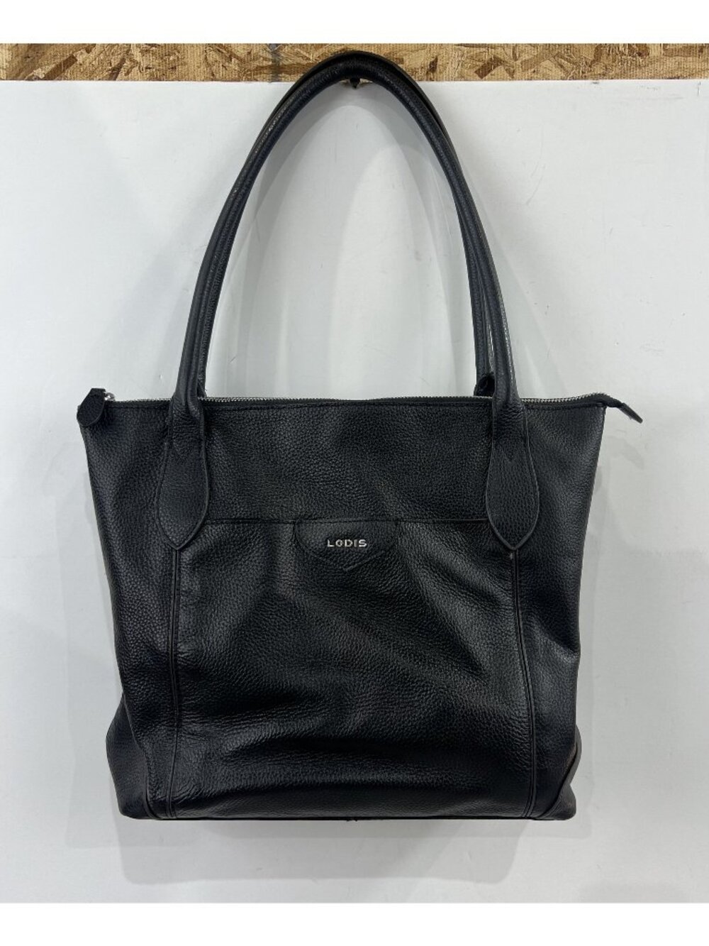 Lodis Black Pebbled Leather Tote Bag With Floral Lining And Zip Closure